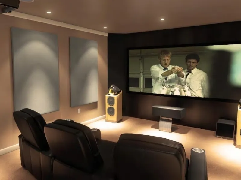 Esempio di piccolo cinema in casa, come vedete, la stanza non è ne troppo grande ne troppo piccola e, di nuovo, è possibile notare la caratteristica posizione degli altoparlanti