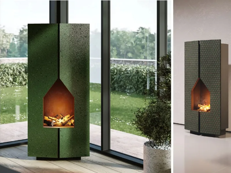 Pajusco Design - Eteria, camino elettrico in acciaio e pietra lavica