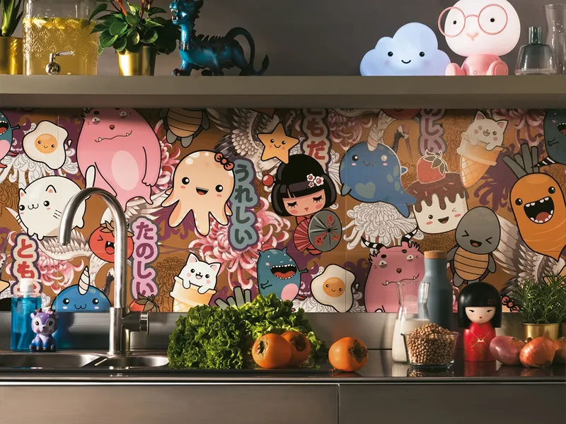 Kawaii è la carta da parati ceramica di Novoceram che si ispira ai divertenti e tipici disegni giapponesi