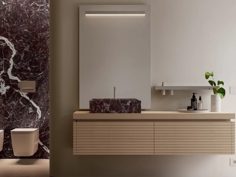 Finitura Rovere Sbiancato con lavabo in Marmo Rosso Levanto